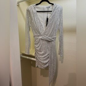 Fashion Nova - center Stage Sequin Mini Dress - White/ Silver
